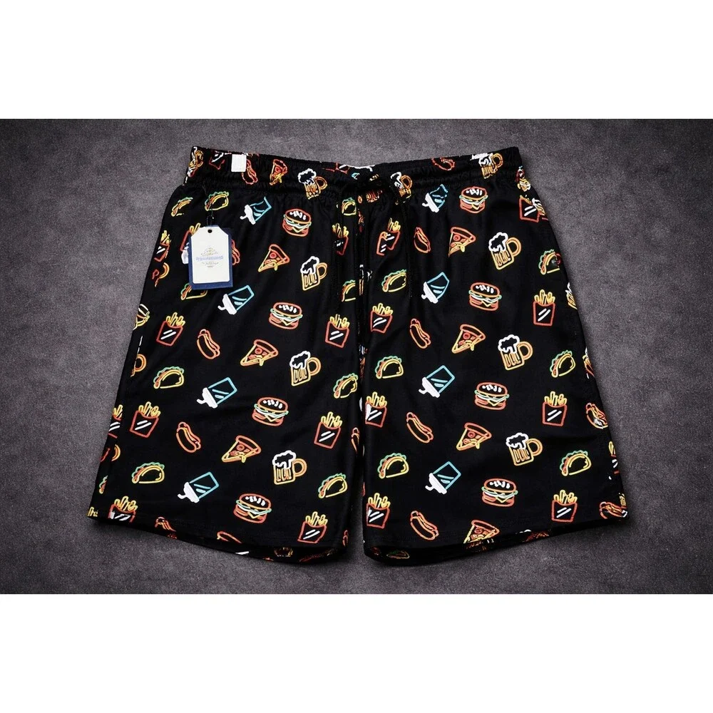 Food Print Swim Trunks Mens M NWT Beer Pizza Burger Fries Novelty Shorts